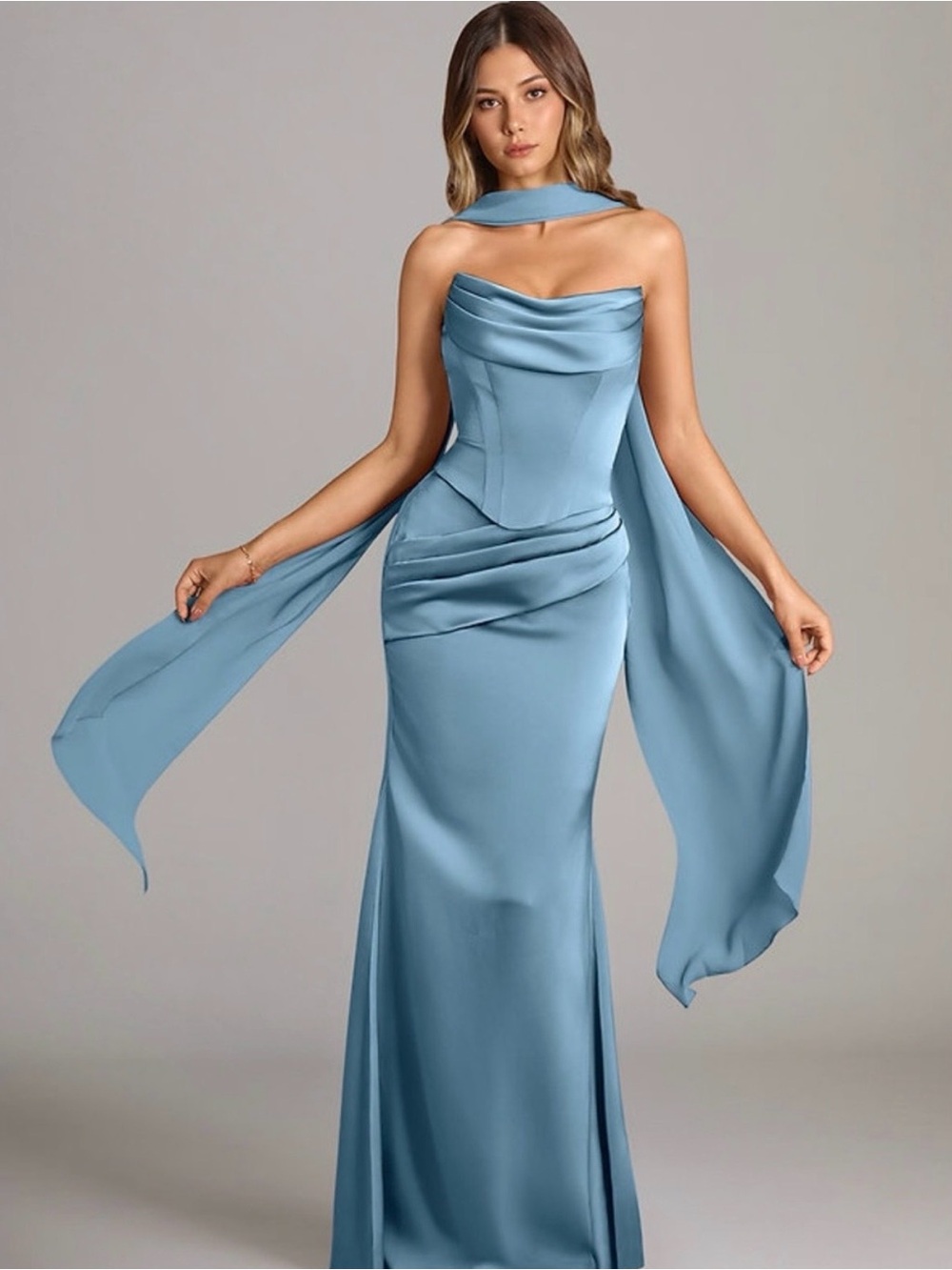 Azazie Sorrel- Steel Blue Mermaid Strapless Stretch Satin Convertible Dress